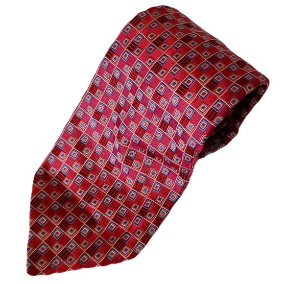 City of London Red Silk Power Tie Mens Necktie Blue Squares Business Made USA - Picture 1 of 5